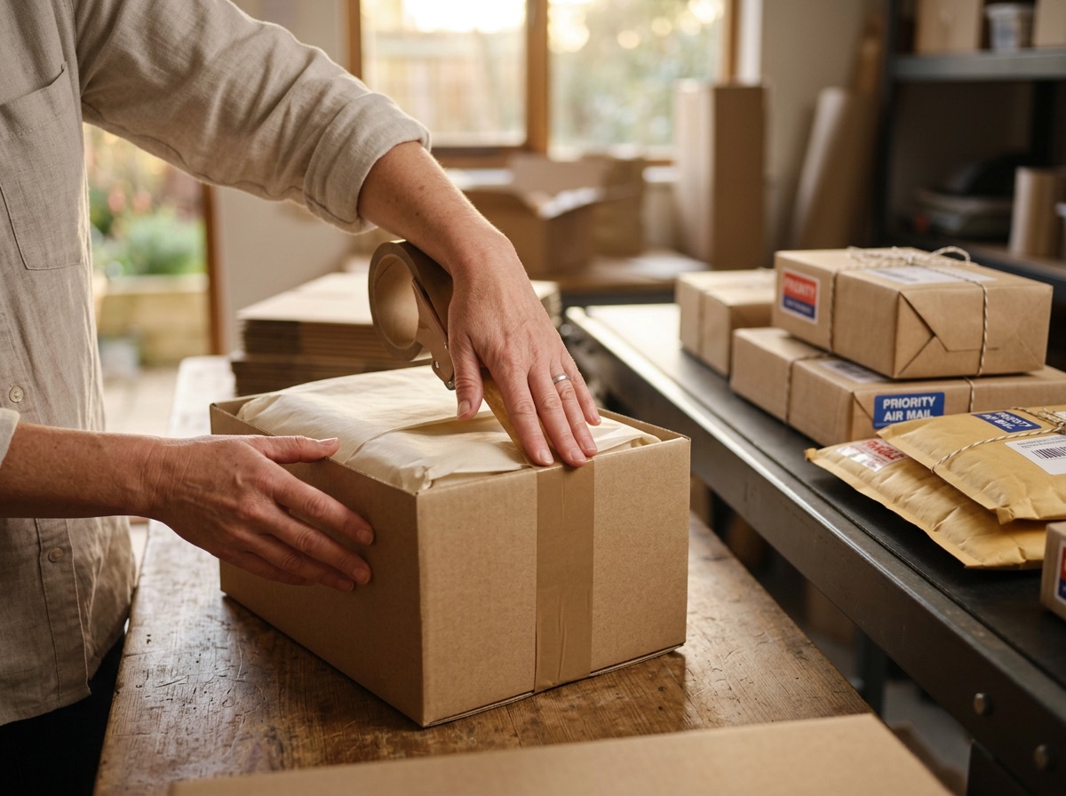 Hands sealing a kraft shipping box next to parcels ready to ship